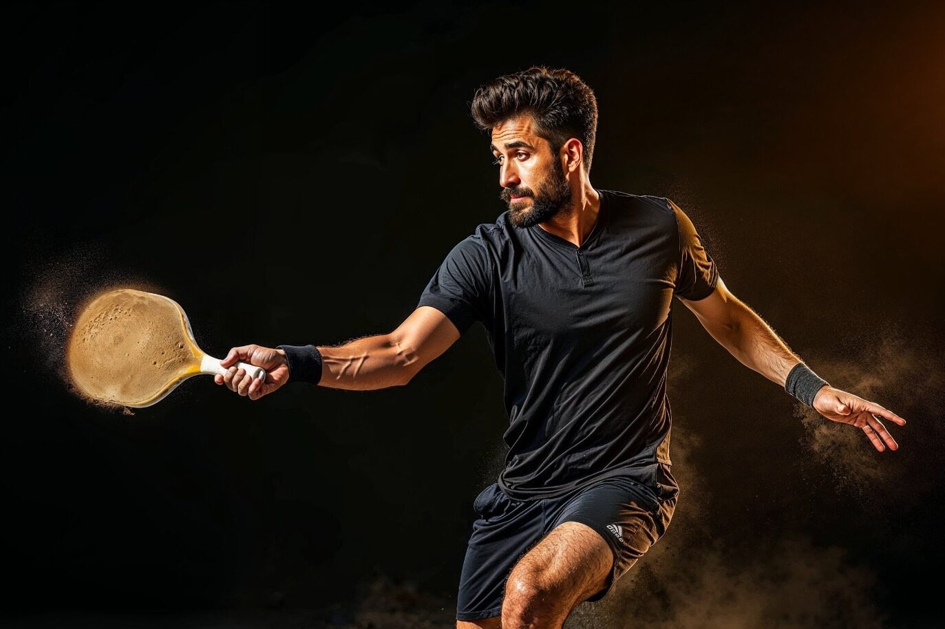 Man in a black shirt playing pickleball